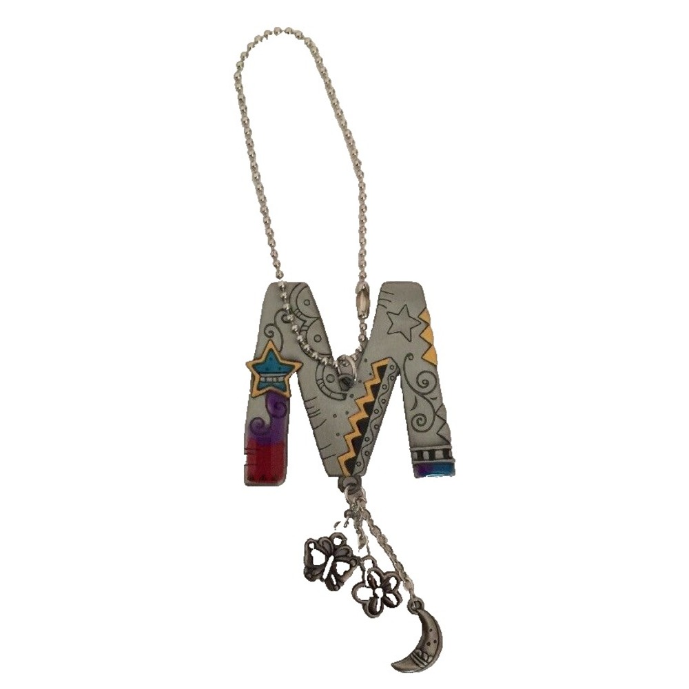 Silvertone Enameled Keychain Tag "M" Star Moon Flowers 4" x 2" Key Ring